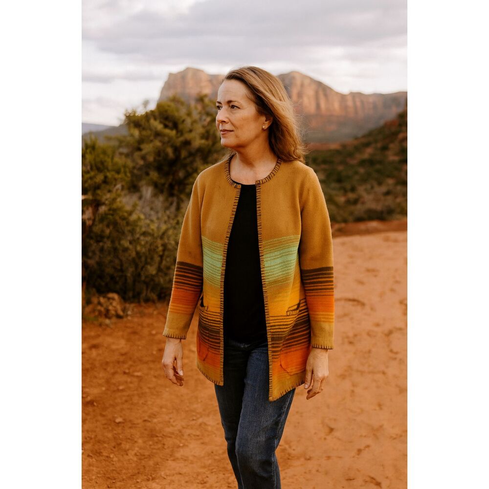 Denim & Co Cardigan S 100% Wool Caramel Multicolor Stripe Southwest Boho READ